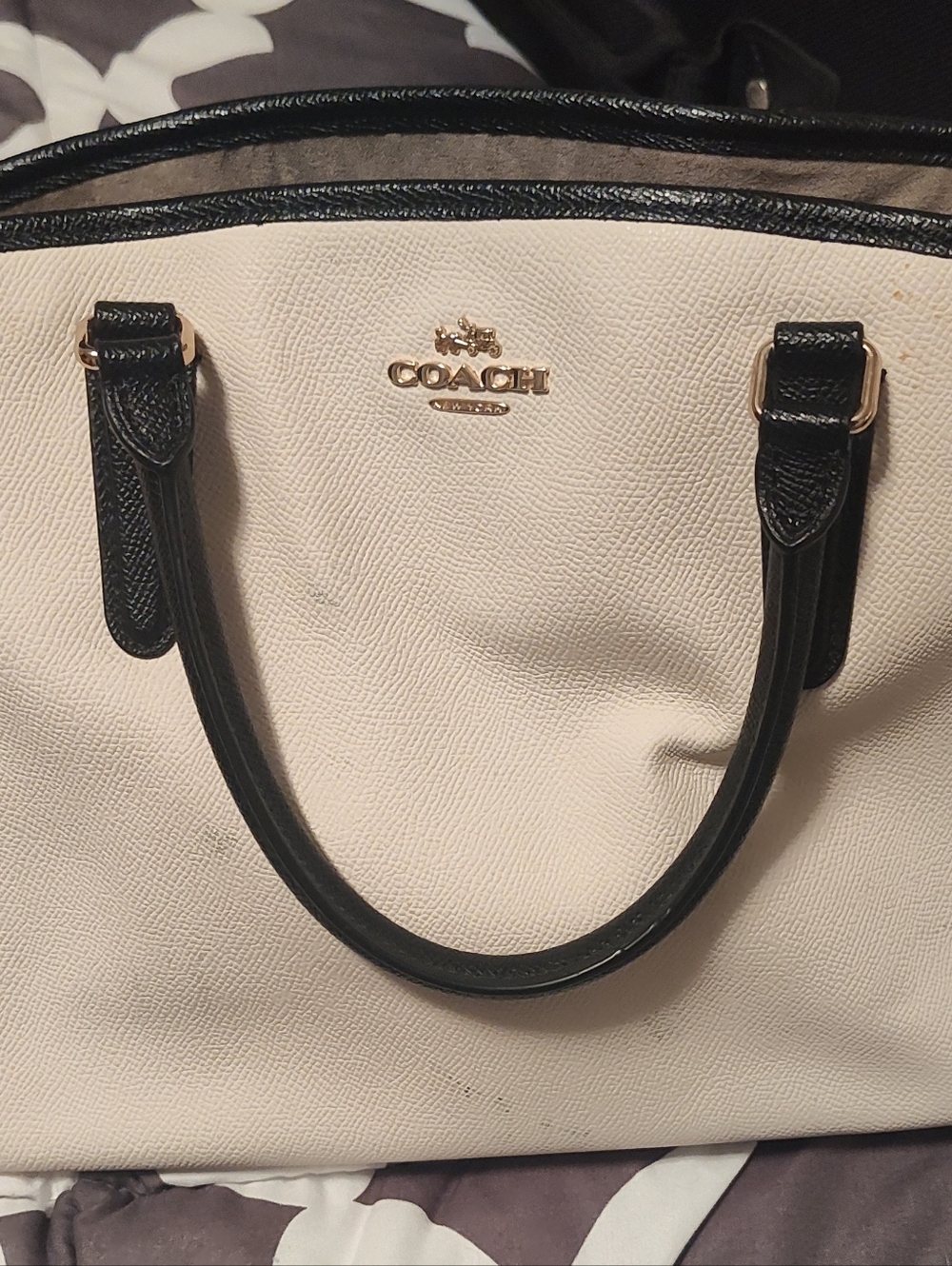 Coach Pebbled Leather Colorblock Tote Satchel Cream Black Taupe Gold Hardware